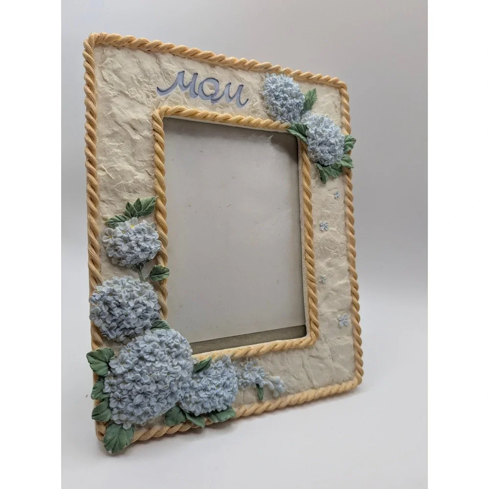 Blue Hydrangea Mom Photo Frame Textured 3D Floral Cottagecore Hang Easel 3.5x5